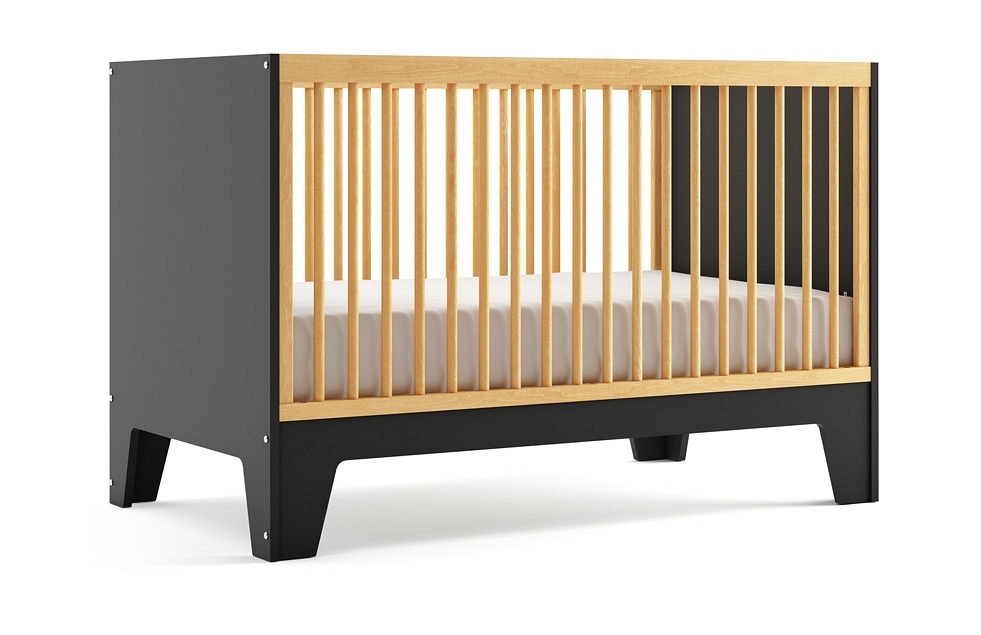 black and natural wood crib